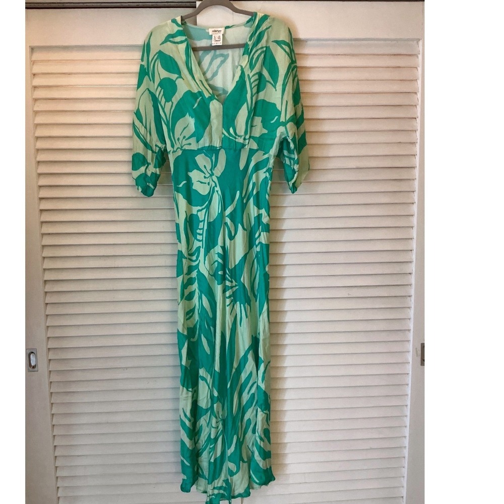 Ottod'Ame Maxi Dress Womens 10 Green Excellent Tropical Leaf V-Neck Italy TA5050